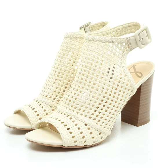 Sam Edelman Evie Basket Weave Heeled Leather Sandals Women 7 Off White/Brown - Picture 7 of 16